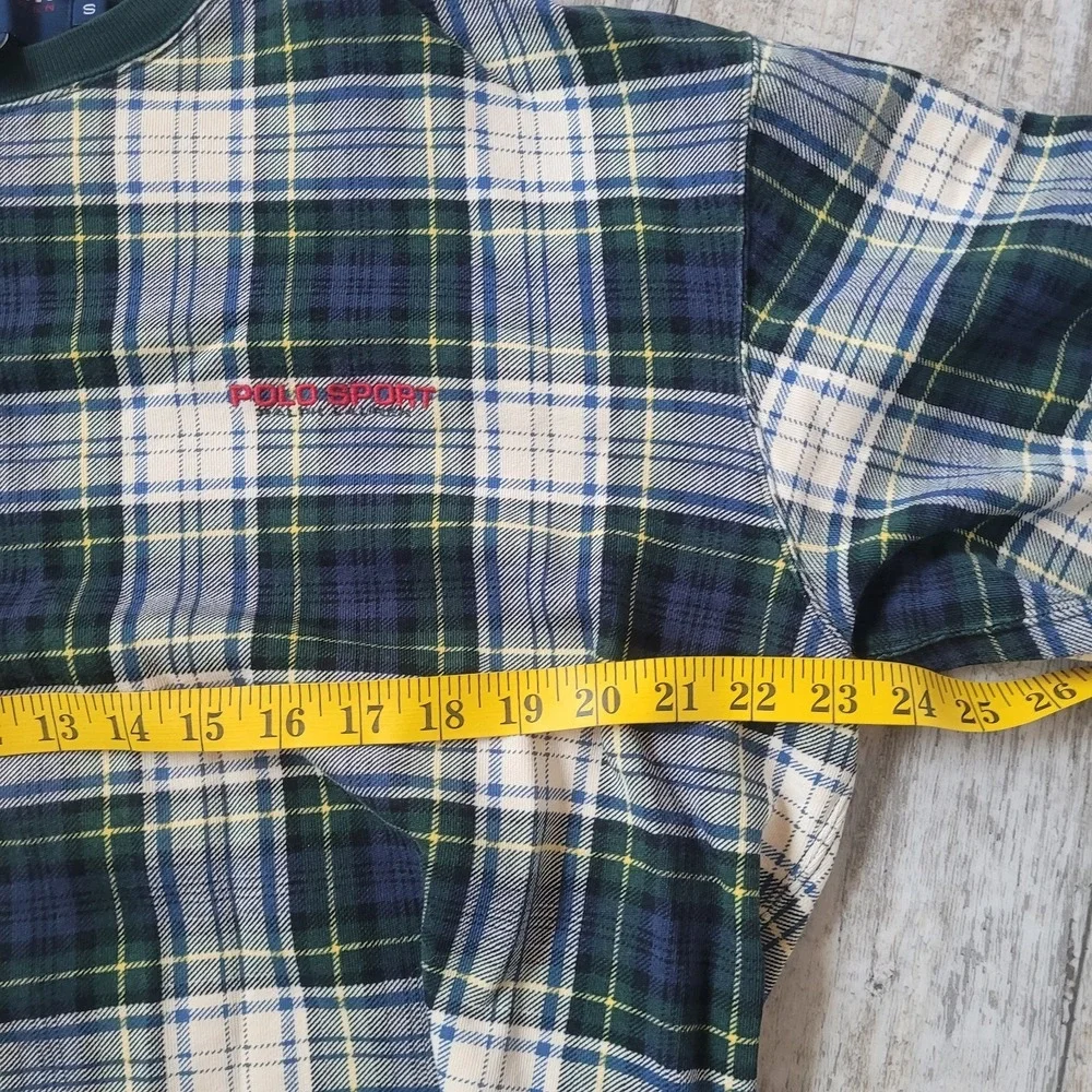 VTG Polo Sport Ralph Lauren Plaid Sweatshirt Small Green Blue Tartan 90 Crewneck